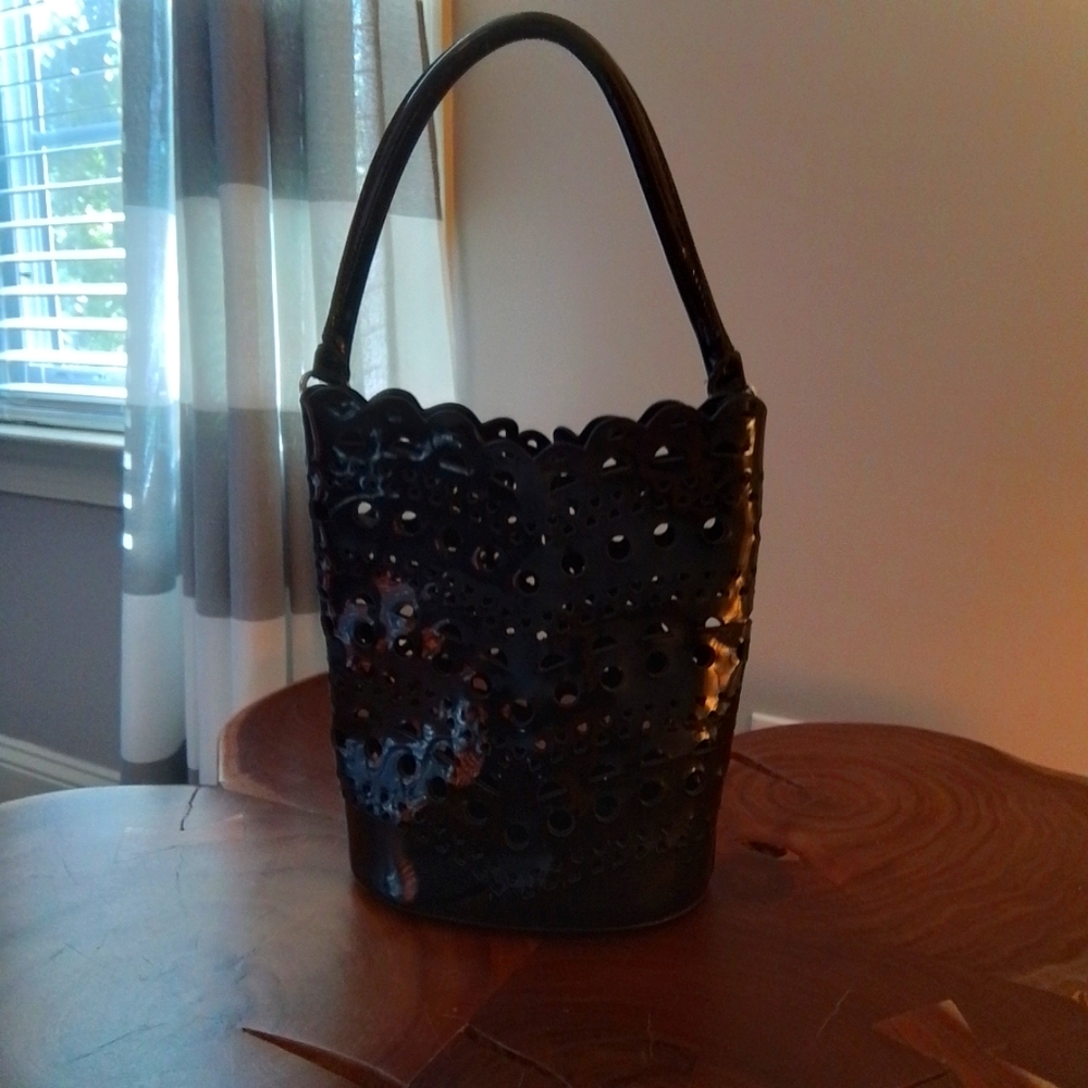 Neiman Marcus Patent Leather Perforated Bucket Bag Black